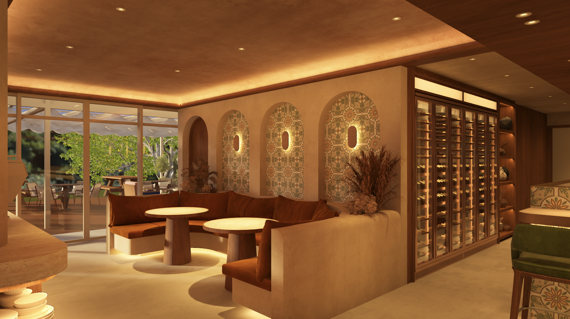 Petra lounge with tiled arches, warm seating, and a wine display