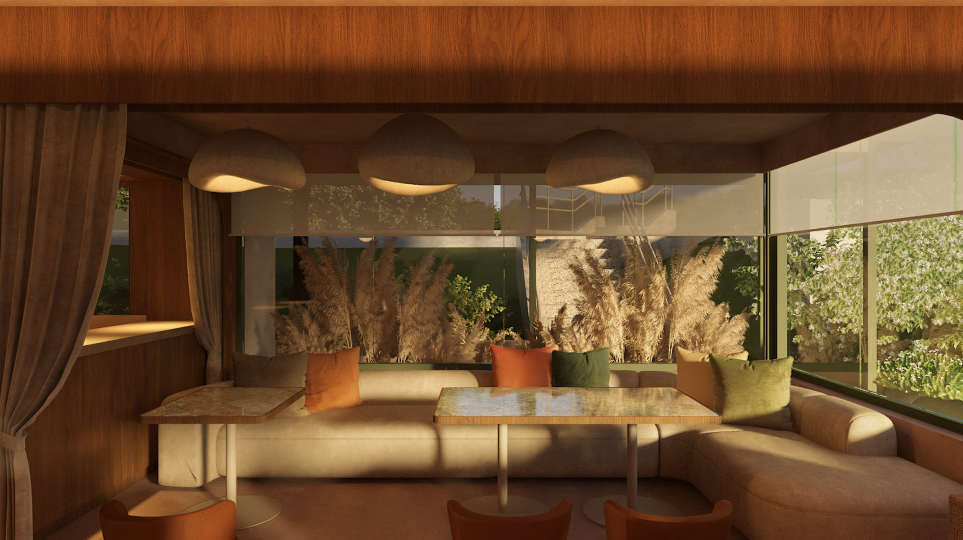 Petra's garden-side terrace with guests dining among tropical greenery